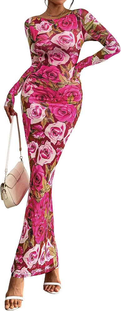 PRETTYGARDEN Bodycon Maxi Dress 2025 Fall Floral Long Sleeve Sexy Mesh Cocktail Wedding Guest Lon... | Amazon (US)