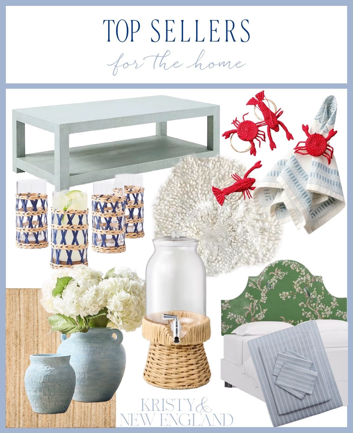 Top Sellers for Home #1 Blue Linen Coffee Table #2 Lobster Napkin Rings #3 Navy Wrapped Glassware (on sale!) #4 Large Coral Sculpture #5 Jute Rug #6 Blue Pottery Vases #7 Wicker Stand Drink Dispenser #8 Our Headboard #9 Oxford Blue Stripe Sheet Set

#LTKFindsUnder50 #LTKHome #LTKOver40