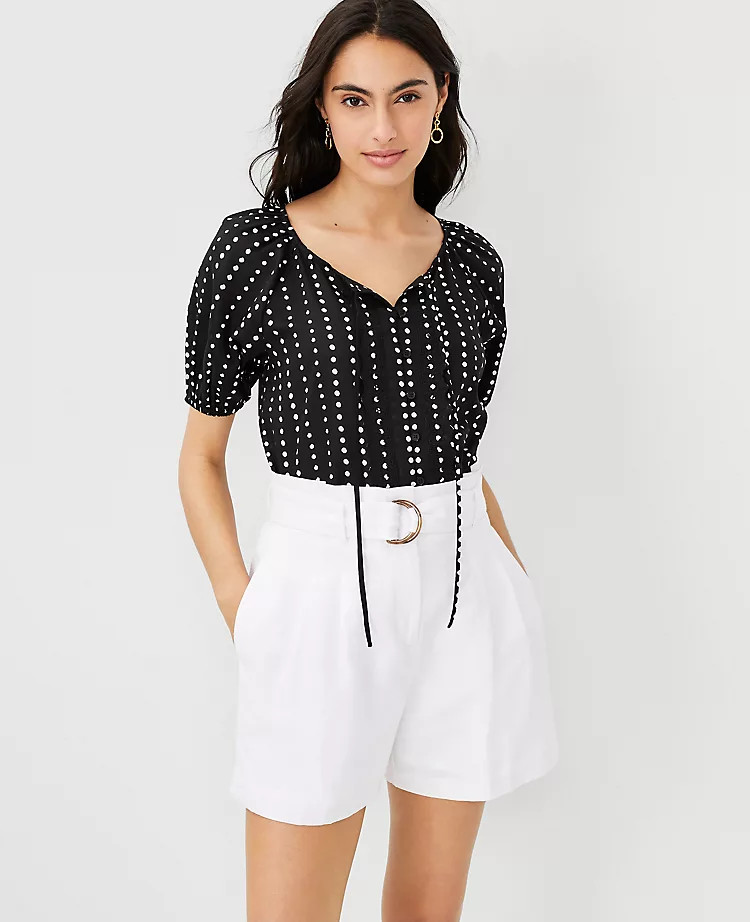 Line Dot Tie Neck Raglan Sleeve Blouse | Ann Taylor | Ann Taylor (US)