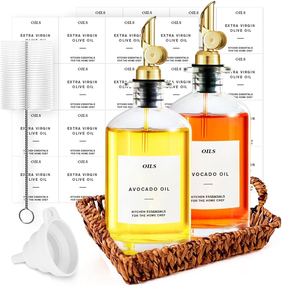 Olive Oil Dispenser Set - Glass Oil Bottles for Kitchen 350ml Oil Dispenser with 35 Labels, 1 Fun... | Amazon (US)