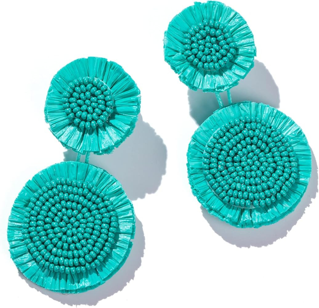Boho Raffia Dangle Earrings Beaded - Handmade Tropical Flower Earrings for Summer Beach Vacation | Amazon (US)