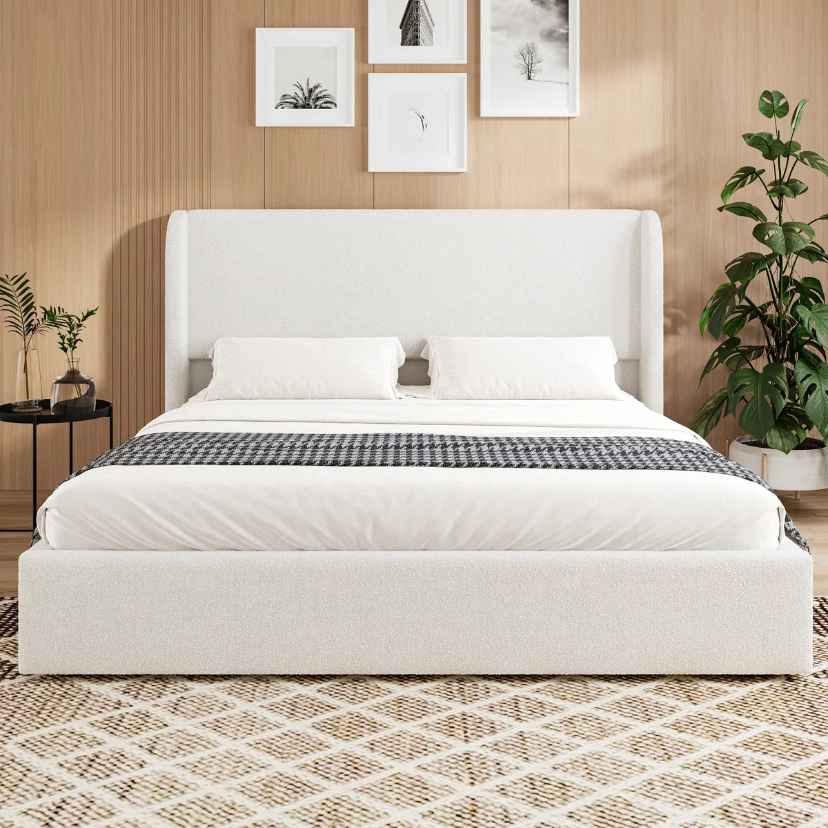 Jenny Boucle Upholstered Platform Bed with Wingback Headboard & Wooden Frame | Wayfair North America