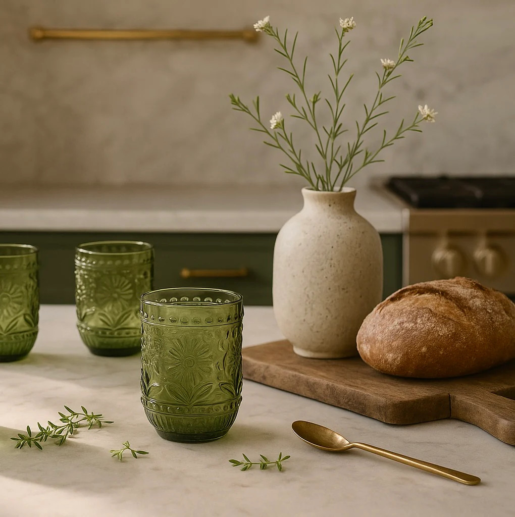 Petra Embossed Drinking Glasses, Green, Set of 4 | Pepper + Vetiver