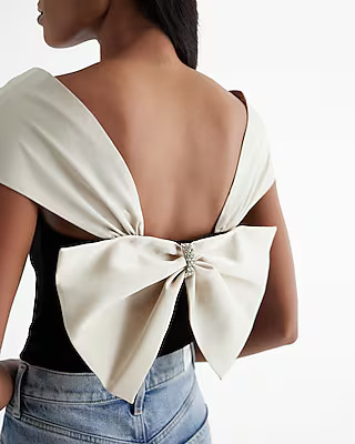 Velvet Square Neck Satin Rhinestone Bow Bodysuit | Express