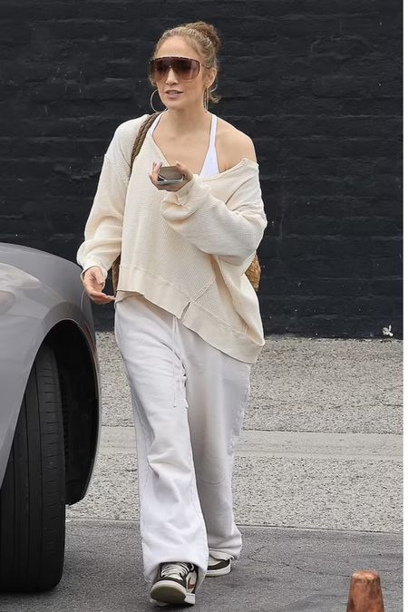 Jennifer Lopez thermal long sleeve top cream neutral straight leg sweatpants shield sunglasses #jlo #jennerlopez #celebritystyle 

#LTKFindsUnder100 #LTKFitness #LTKStyleTip