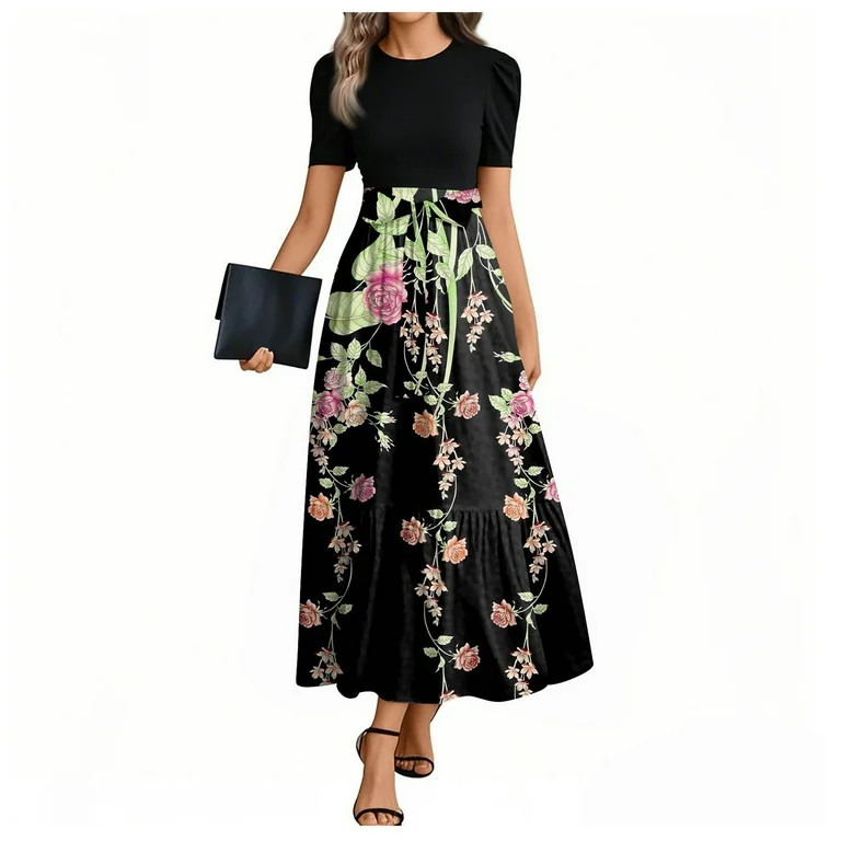 UoCefik Cocktail Wedding Guest Dresses For Women Flowy Floral Elegant Long Dresses with Belt Shor... | Walmart (US)