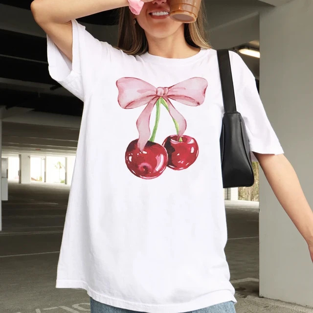 Camiseta Vintage con estampado de lazo de cereza para mujer, camiseta de Coquette linda, camiseta... | AliExpress (US)