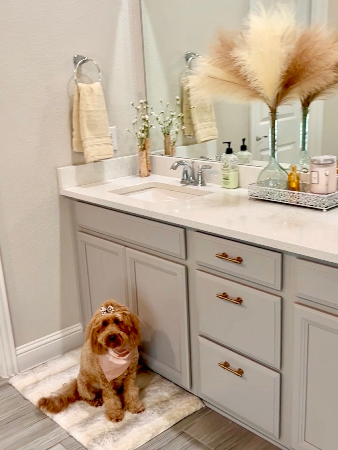 Loving the warmth these champagne bronze cabinet pulls and faux pampas stems brought to my bathroom  

#LTKunder50 #LTKhome