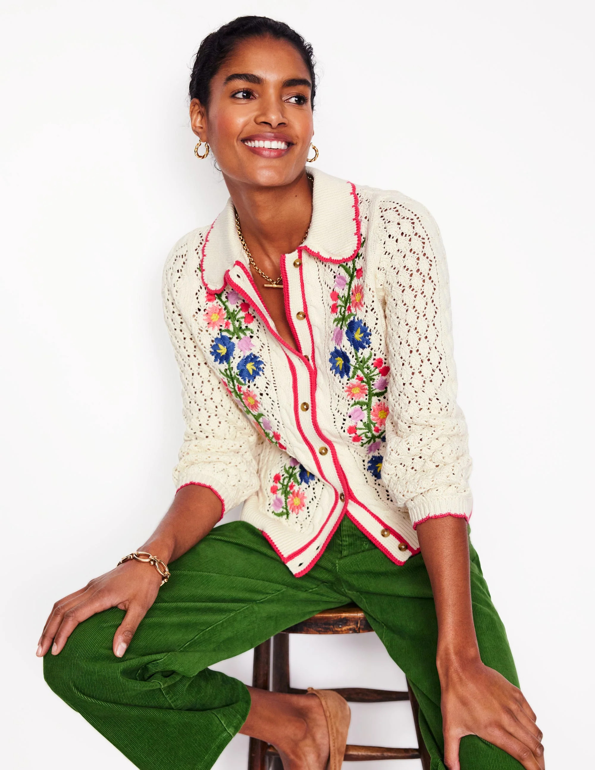 Embroidered Cotton Cardigan-Warm Ivory | Boden (US)