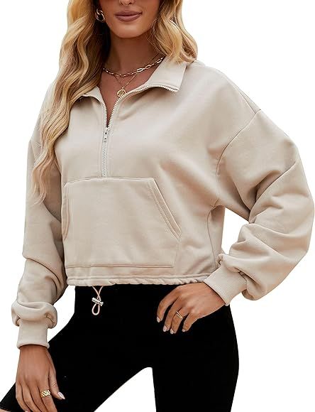 Flygo Womens Half Zip Hoodies Cropped Pullover Sweatshirt Fleece Lined Sweater Tops with Pocket T... | Amazon (US)