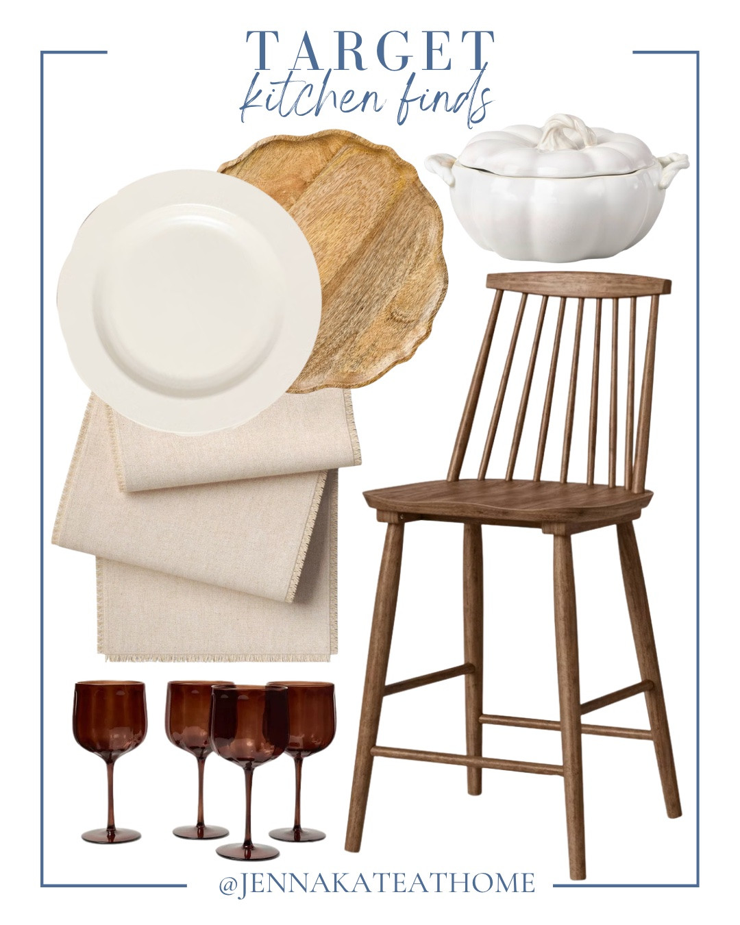 Target kitchen finds includes barstool, table runner, dinner plates, plate charger, and pumpkin serving bowl.

Home decor, kitchen decor, looks for less, Target finds