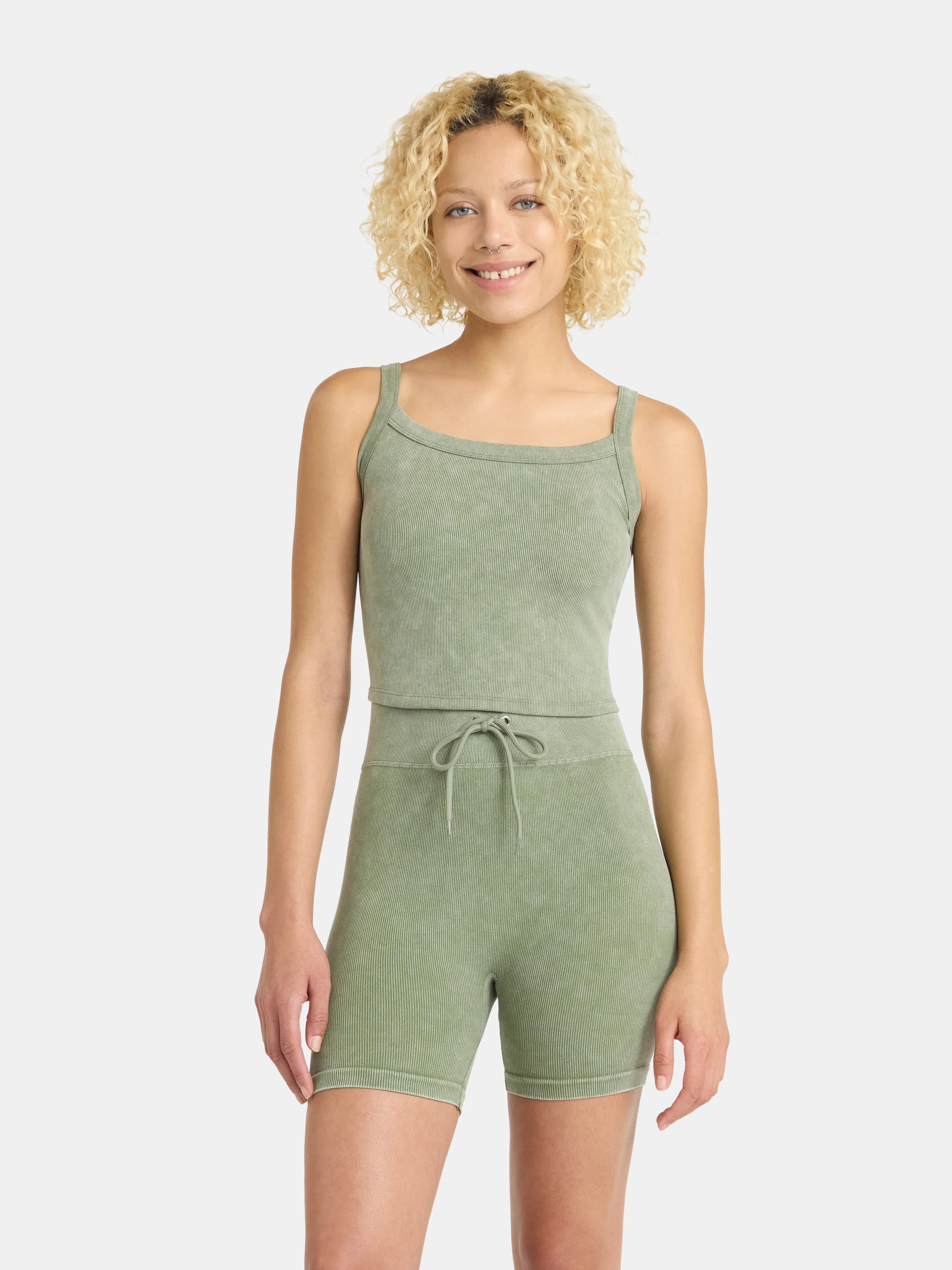 No Boundaries Seamless Shirttail Tank and Tie Front Bike Shorts Set, 2-Piece, Women's | Walmart (US)