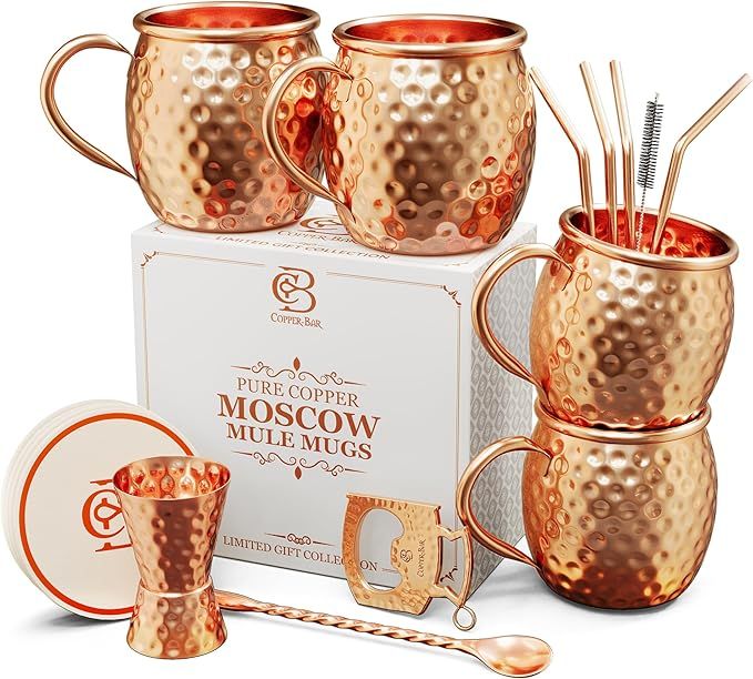 Moscow Mule Copper Mugs | Set of 4 Hammered Cups | 100% HANDCRAFTED Pure Solid Copper | Gift Set ... | Amazon (US)
