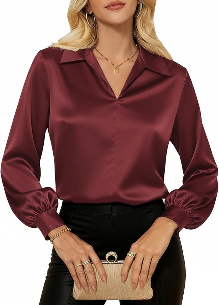 GRACE KARIN Business Casual Tops for Women Satin Silk Blouse Collared V Neck Long Sleeve Work Shi... | Amazon (US)