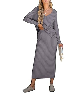 ANRABESS Women's 2 Piece Outfits Sweater Skirt Sets Casual Long Sleeve V Neck Ribbed Knit Tops Mi... | Amazon (US)