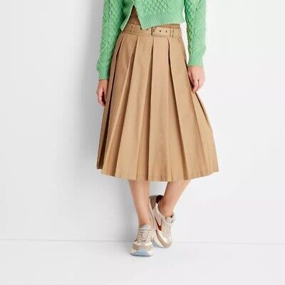 Pleated Skirt Midi W/ Belt Buckle Khaki Beige Sz 6 NWT  | eBay | eBay US