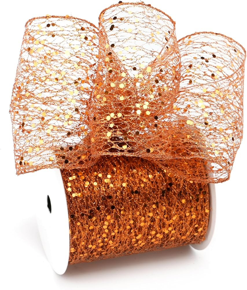 Copper Glitter Mesh Wired Ribbon 4" X 10 Yards Burnt Orange Ribbon Webbed Terracotta Sequin and G... | Amazon (US)