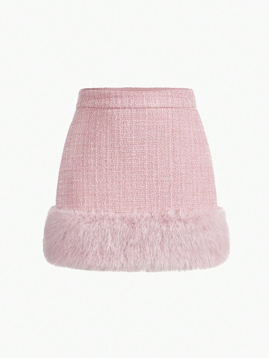 MOTF Soiréza WOOL TWEED CONTRAST FUZZY HEM SKIRT | SHEIN