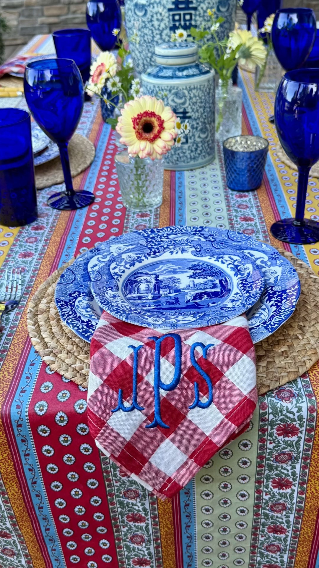 The happiest summer table! When we were in the South of France, I found this tablecloth and fell in love. It reminds me of some Pierre Deux pieces I have from 25+ years ago! 

I loved using my @by_spode Blue Italian, cobalt blue glasses, and monogrammed buffalo check napkins from @lboriginals. 

A few of my favorite blue and white jars with scattered bud vases make for the perfect centerpiece. 

Have you ever brought home something from a trip that instantly transports you back to that special place? Let me know in the comments!  This tablecloth does exactly that for me. 💙🇫🇷

#LTKdayinmylife #LTKTravel #LTKHome