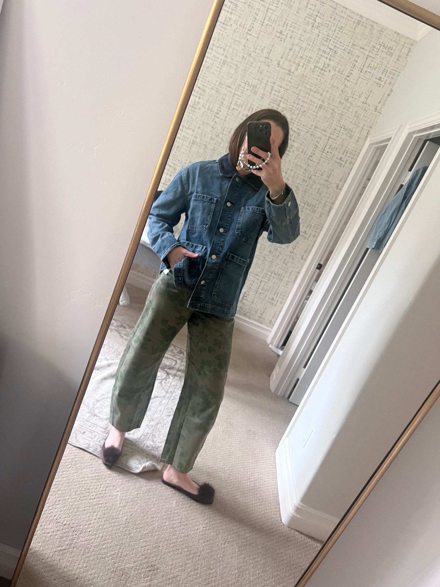 Denim barn jacket, printed jeans, floral jeans, Pom Pom slides, Pom Pom flats, chocolate brown, work jacket 

#LTKOver40 #LTKTravel #LTKValentine