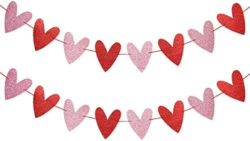 Valentines Heart Banner Red and Pink Glitter Valentines Day Heart Garland,Valentines Heart Decoratio | Amazon (US)