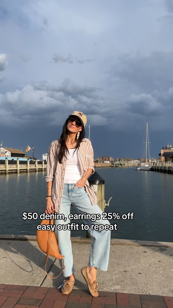 Easy outfit to repeat, linking similar striped shirt and same tank. Tank is tts. The jeans are also tts. $50. Earrings are 25% off. 