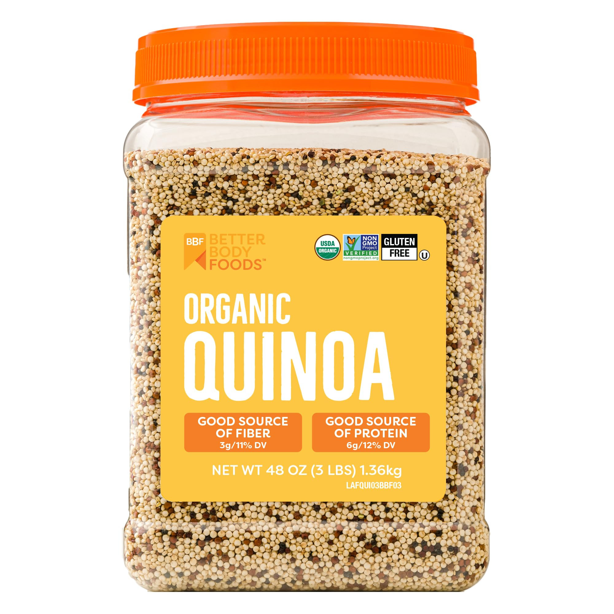 BetterBody Foods Organic Quinoa, Vegan, Gluten Free, Low Glycemic Rice Replacement, 3 Lb | Amazon (US)