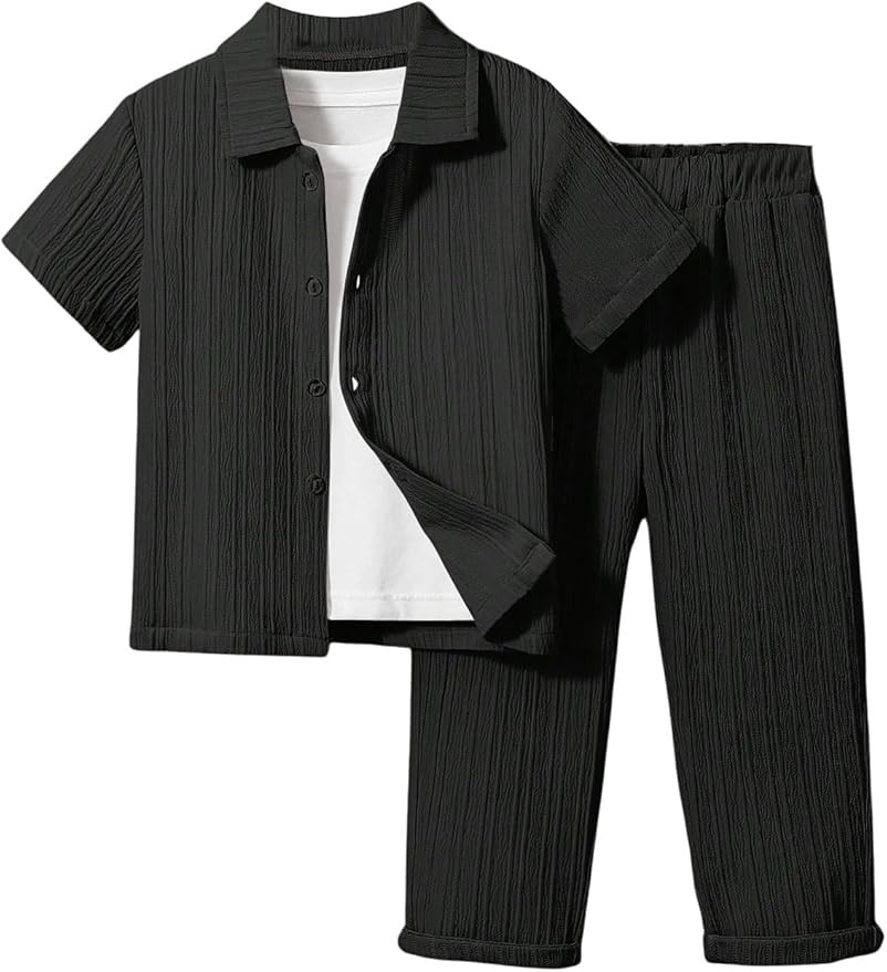 Boy's 2 Piece Outfits Textured Button Down Short Sleeve Collar Shirts Tops and Elastic Waisted Pa... | Amazon (US)