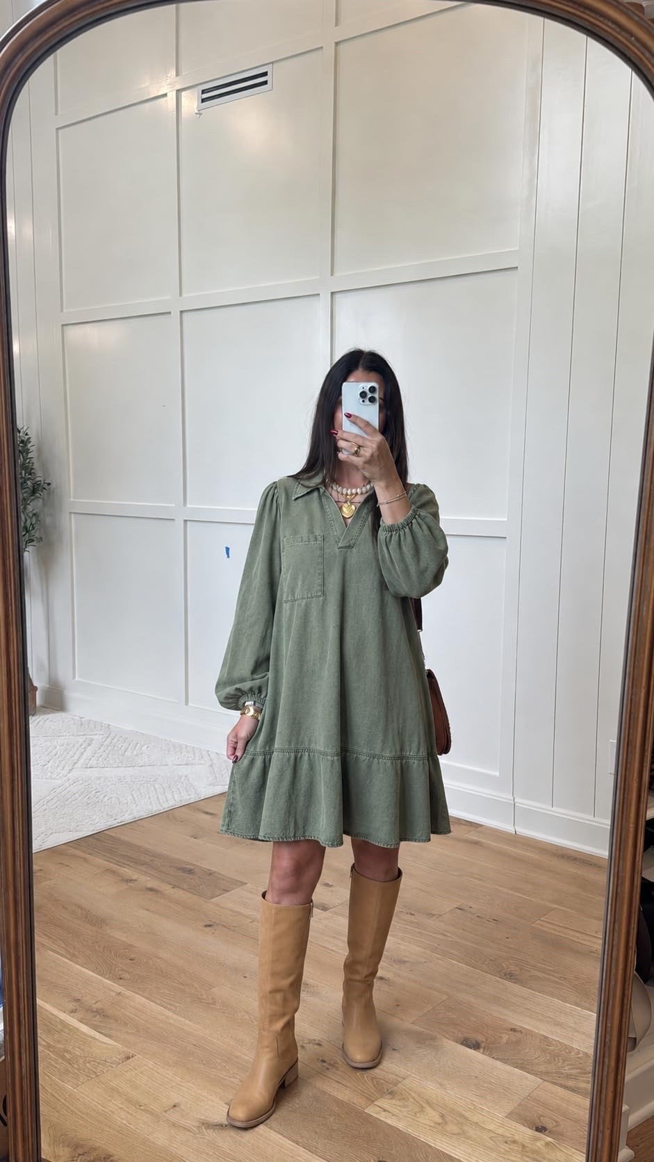 This dress was MADE for fall! 🍂🤎 I love the relaxed fit, pretty sleeve detail and gorgeous olive color paired with tall neutral boots. Easy, flattering and perfect for church, brunch, family pictures or fall date night!
#FallDress #FallFashion #LTKStyle #TallBoots #MomStyle #FallOutfitIdeas #AmazonFashion