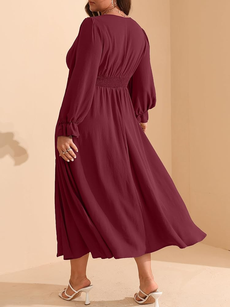 RWJ Plus Size Wedding Guest Dress for Women Deep V Neck Long Sleeve High Waist Slit Formal Cockta... | Amazon (US)