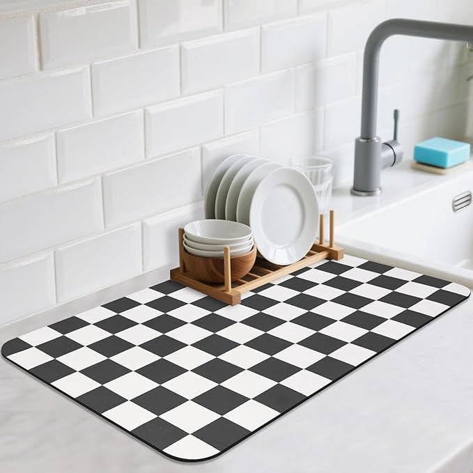 CooRug Checkered Dish Drying Mat for Kitchen Counter, Absorbent Non-Slip Coffee Mat, Heat Resista... | Amazon (US)