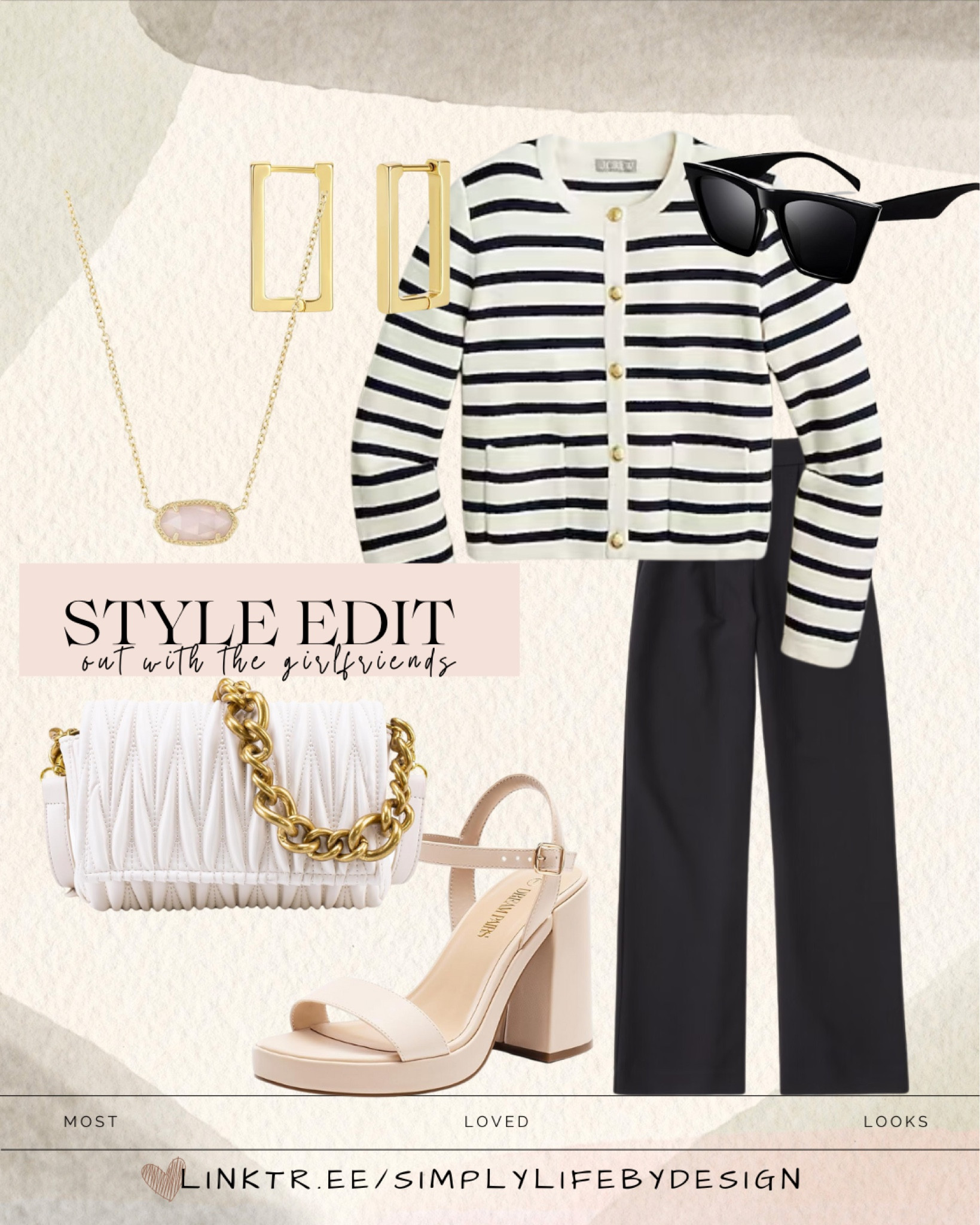 Style edit: out with your girlfriends 
All items on sale today and look for less!

Cat eye sunglasses 
Striped sweater 
Abercrombie sloane tailored pant
Chunky heels
Trendy earrings
Kendra Scott pendant necklace 
White quilted handbag 

#LTKstyletip #LTKbeauty #LTKsalealert