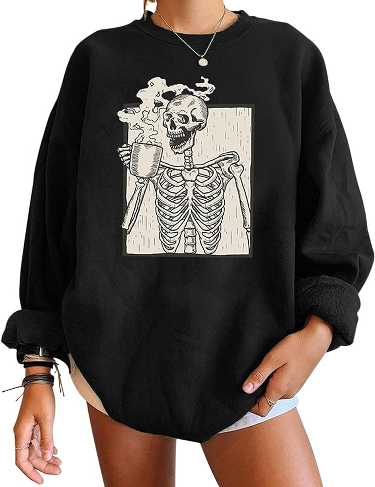 Meladyan Halloween Skull Graphic Print Fleece Oversized Sweatshirt Crewneck Long Sleeve Drop Shou... | Amazon (US)
