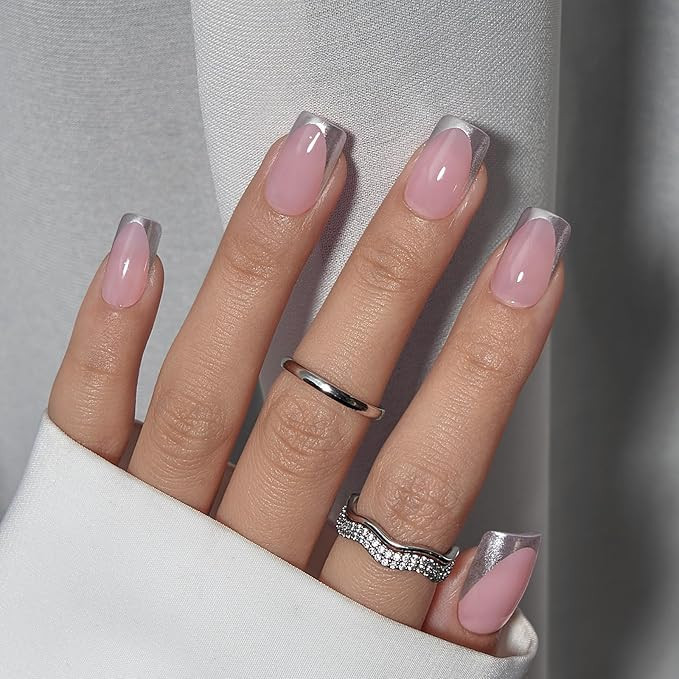 BTArtbox Press on Nails Short - French Tip Press On Nails Square, Silver Glue On Nails, Long Last... | Amazon (US)