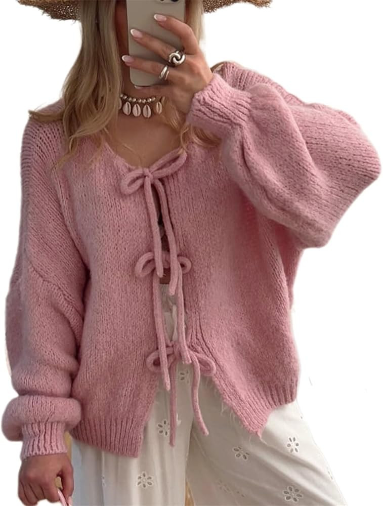 Women’s Bow Tie Oversized Sweater Y2k V Neck Knit Cardigan Cute Long Sleeve Pullover Top Pink | Amazon (US)