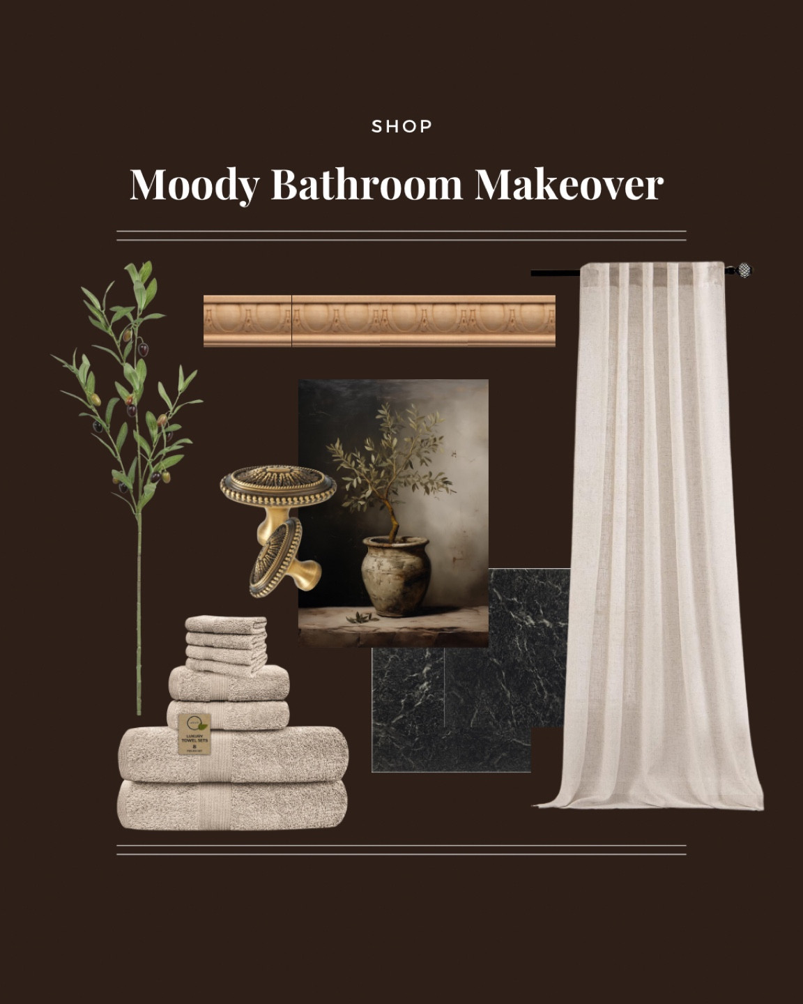 DIY Moody Bathroom Makeover. Art print , brass cabinet knobs , shower curtain, linen curtain, faux olive branches, plush towel set , peel and stick floor tiles, mirror frame. #moodybathroom #bathroommakeover #bathroomaccessories #bathroomdecor 

#LTKHome