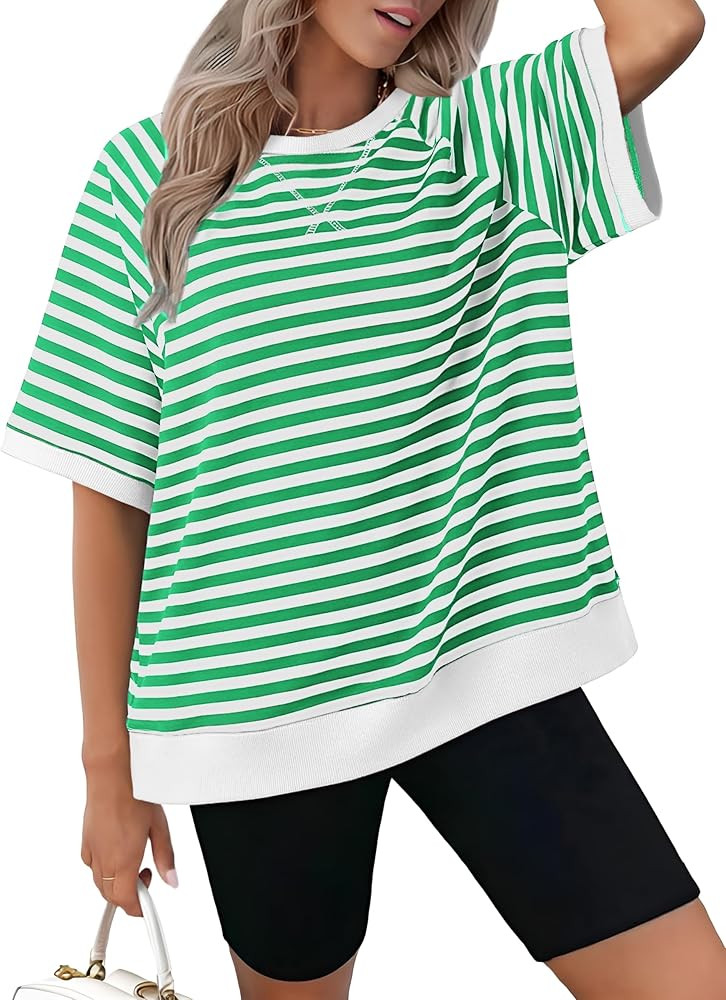 Zeagoo Women Striped T Shirts Oversized Crewneck Short Sleeve Tops Summer Casual Blouse Color Blo... | Amazon (US)