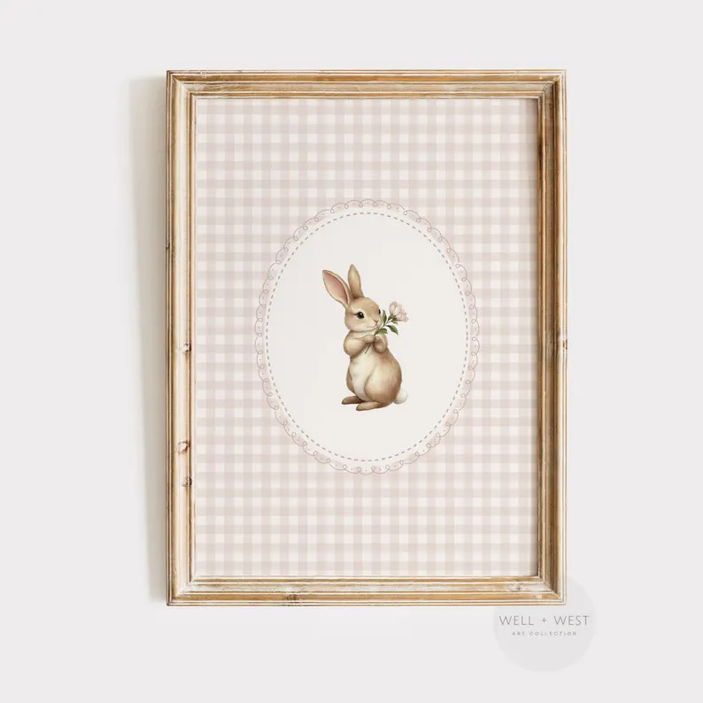 Pink Gingham Bunny Print | Vintage Style Rabbit Wall Art | Elegant Floral Nursery Decor | Coquett... | Etsy (US)