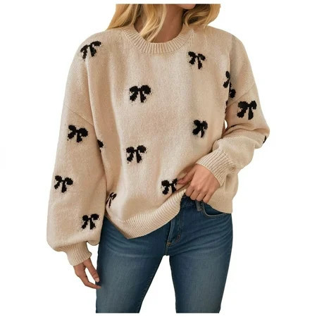 larppty Women s Y2K Bow Sweater Cozy Fall Sweaters Knit Crewneck Long Sleeve Drop Shoulder Pullovers Jumper Tops (Khaki S) | Walmart (US)