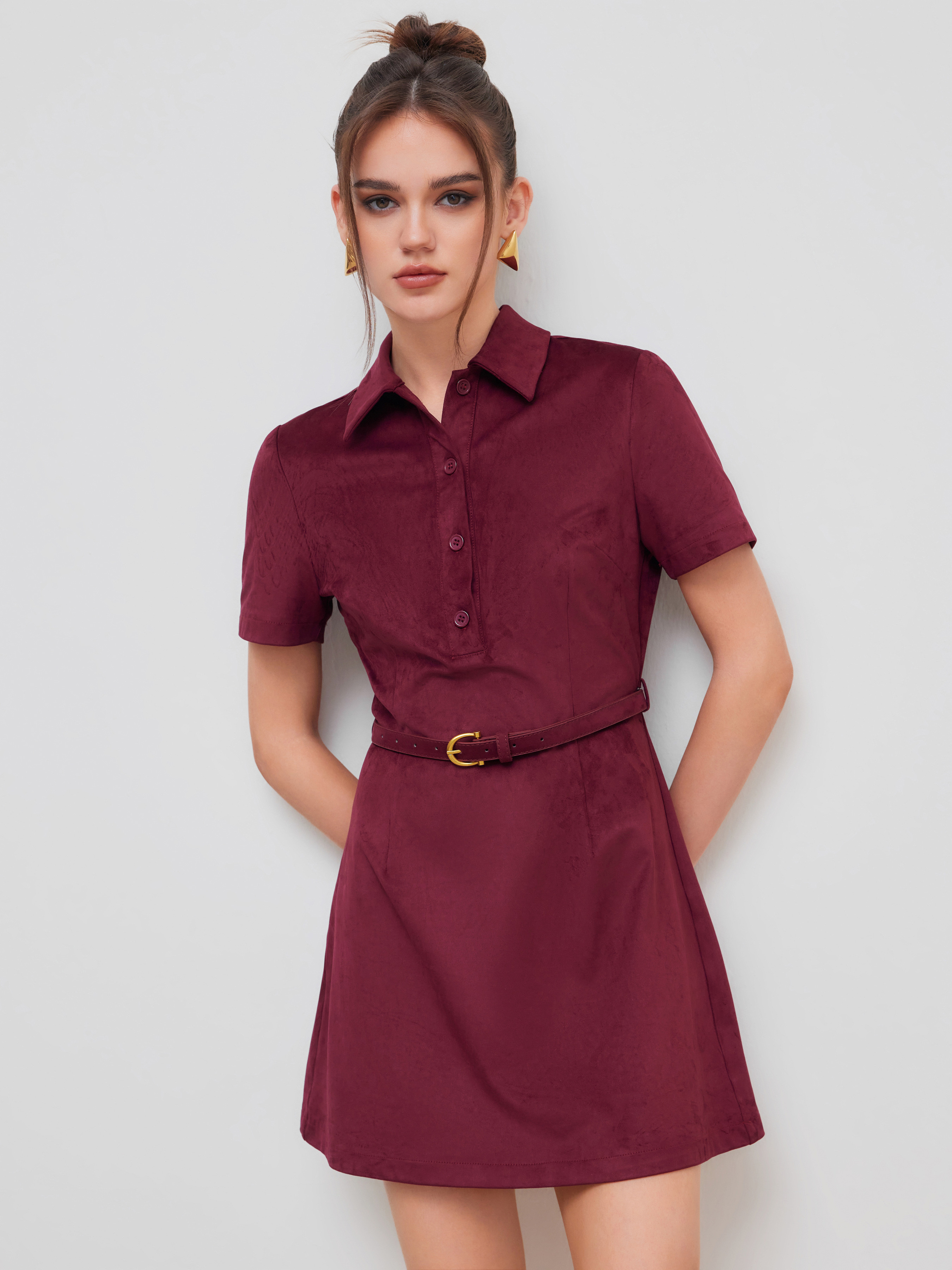 Suede Suede Collar Solid Mini Shirt Dress With Belt For Date Holiday | Cider
