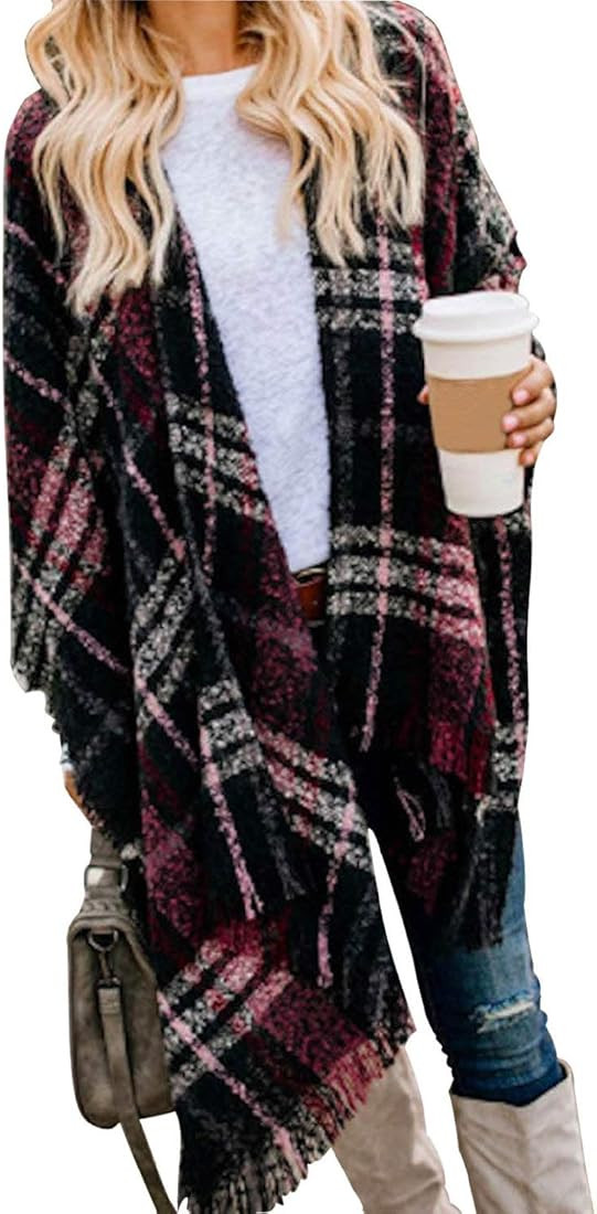VIMPUNEC Women Boho Buffalo Plaid Poncho Pashmina Shawl Wrap Cape Sweater Knitting Cardigan with ... | Amazon (US)