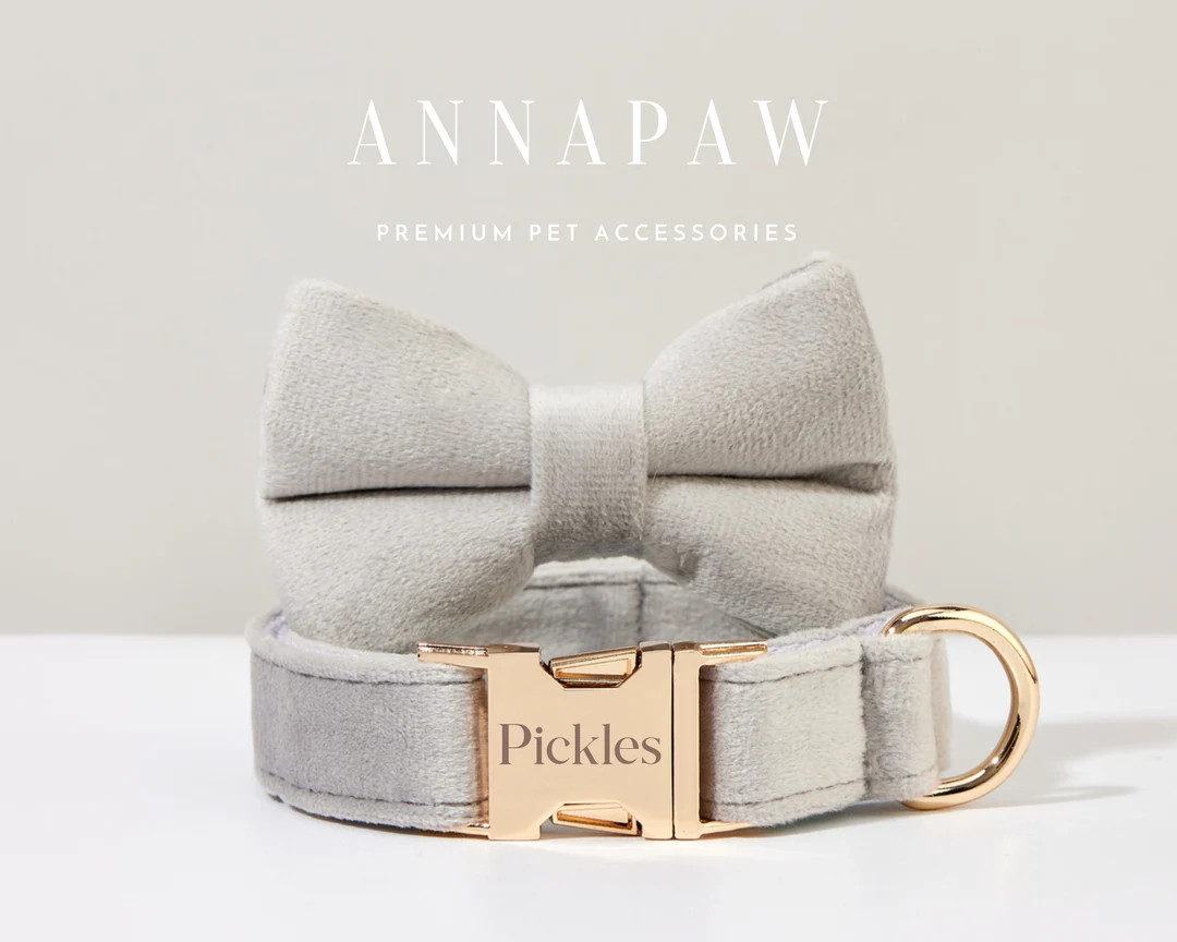 Personalized Light Grey Velvet Dog Collar Bowtie Sethandmade - Etsy | Etsy (US)