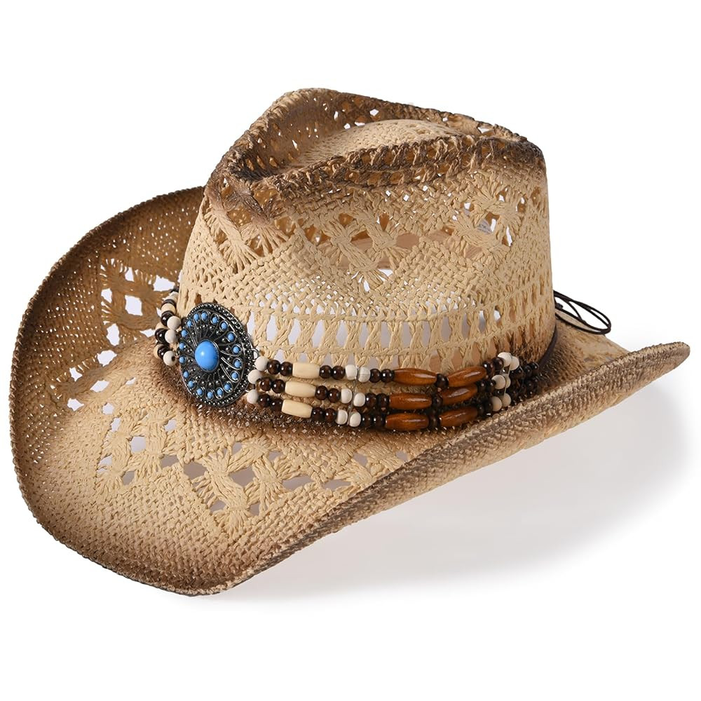 Straw Cowboy Hat for Men Womens Straw Cowgirl Hat Summer Western Cowboy Hats with Wide Brim for C... | Amazon (US)