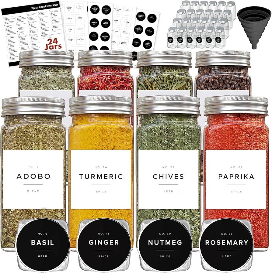 FINESSY Spice Jars With Label, Spice Containers 24 Glass Spice Jars, 200 Minimalist Spice Jar Lab... | Amazon (US)