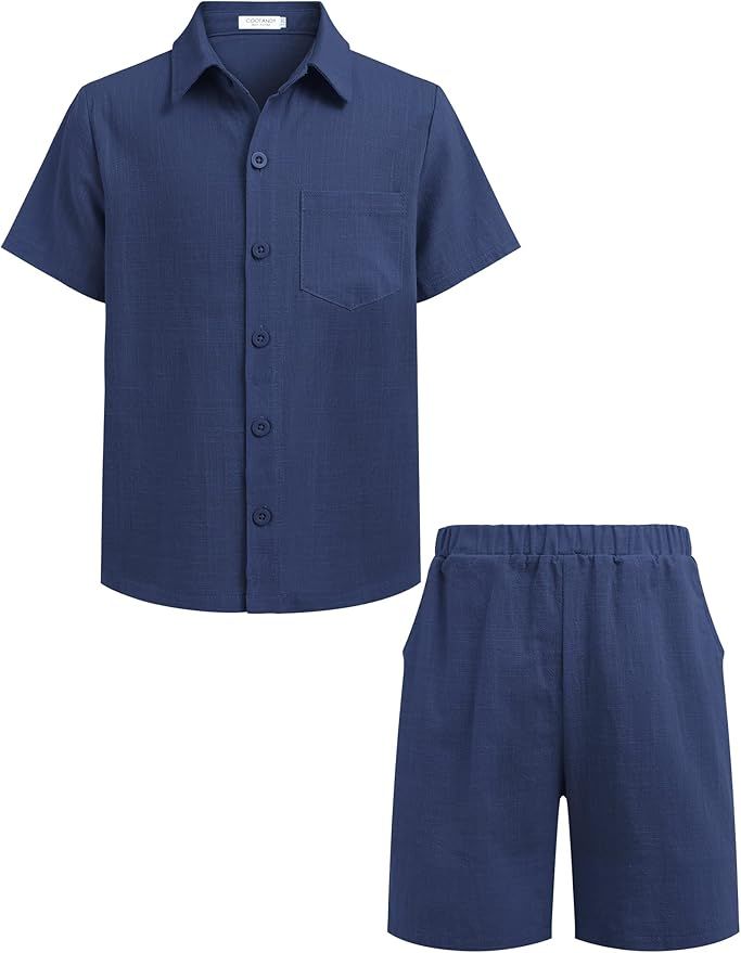 COOFANDY Boy's 2 Piece Outfit Linen Short Sleeve Button Down Shirt Shorts Sets | Amazon (US)