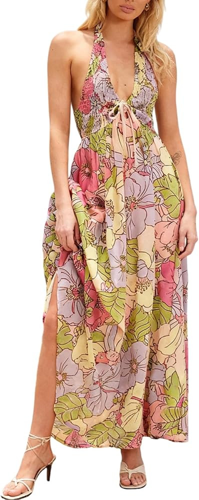 Women Floral Maxi Dress Sexy Sleeveless Backless A-Line Long Flowy Dress Back Cut Out Spaghetti S... | Amazon (US)