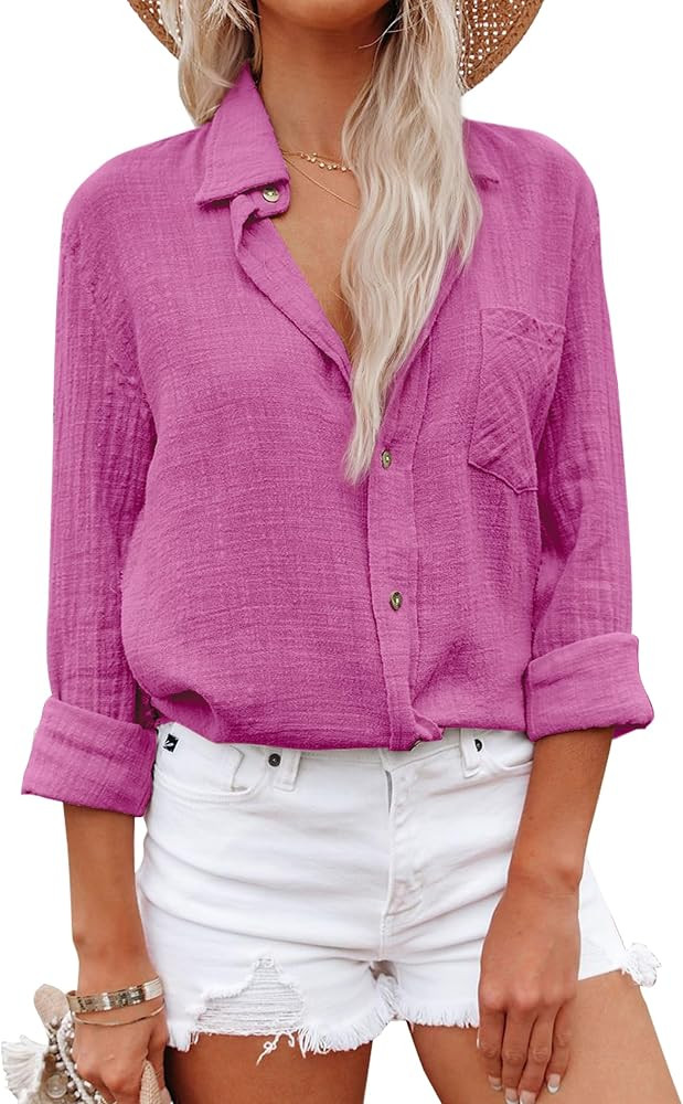 Womens Linen Button Down Shirt Cotton Dress Shirts Long Sleeve Collared Work Blouses Solid Tunic ... | Amazon (US)