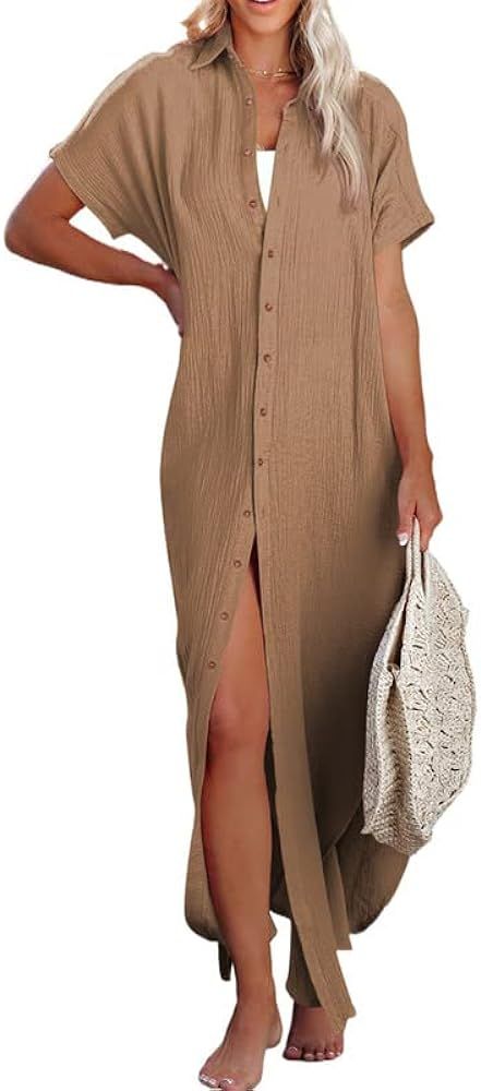 Dokotoo Womens Casual Short Sleeve Side Split Button Down Long Kimonos Cardigans Swimsuit Cover U... | Amazon (CA)