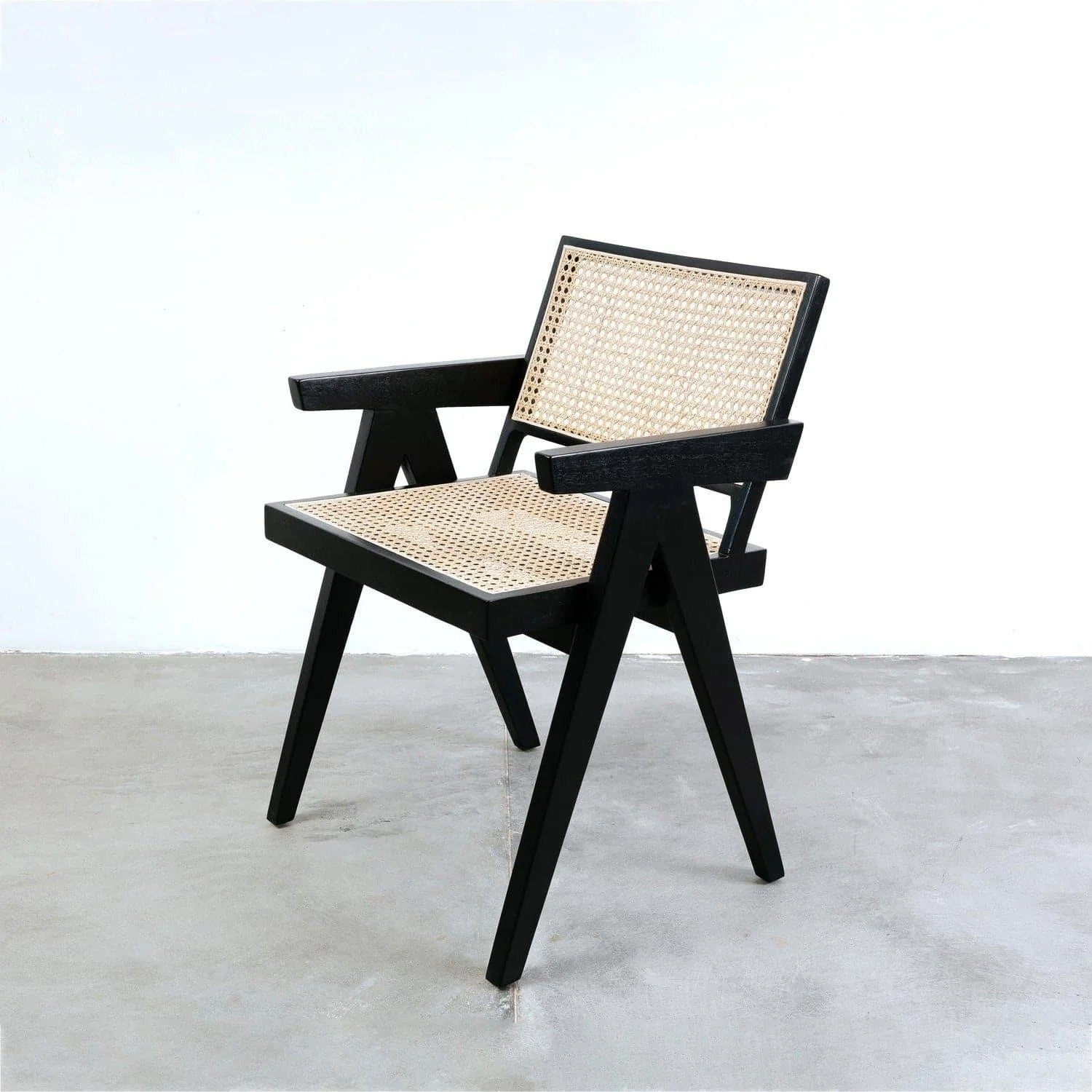 Jeanneret Dining Armchair - Black with Cane Seat | France and Son