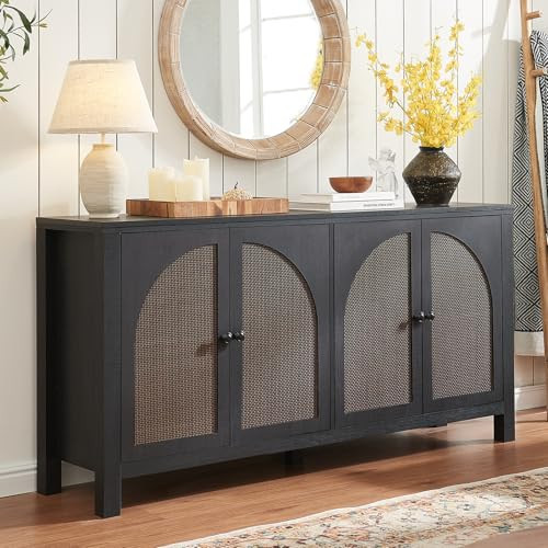 Okvnbjk Sideboard Buffet Cabinet with Storage, 60inch Kitchen Buffet Table with Soft Closing Door Hinges, Rattan Coffee Bar Cabinet for Living Room, Dining Room, Black | Amazon (US)